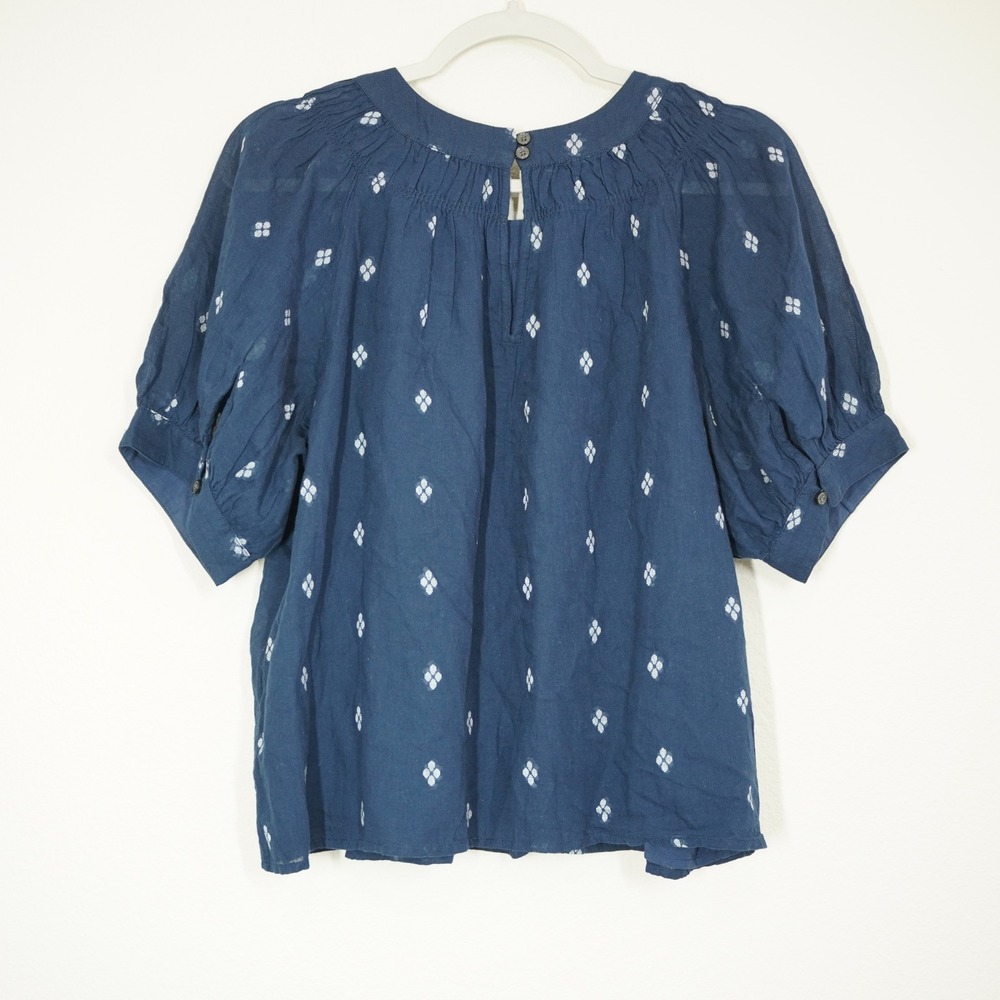 J. Crew Size Medium Navy Blue Block Print Puff Sleeve Cotton Voile Top Cotton - Picture 7 of 7